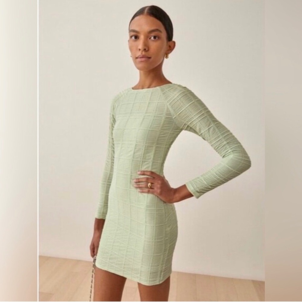 Reformation Dee Dress Mint Green Textured Long Sleeve Mini Size L NWT